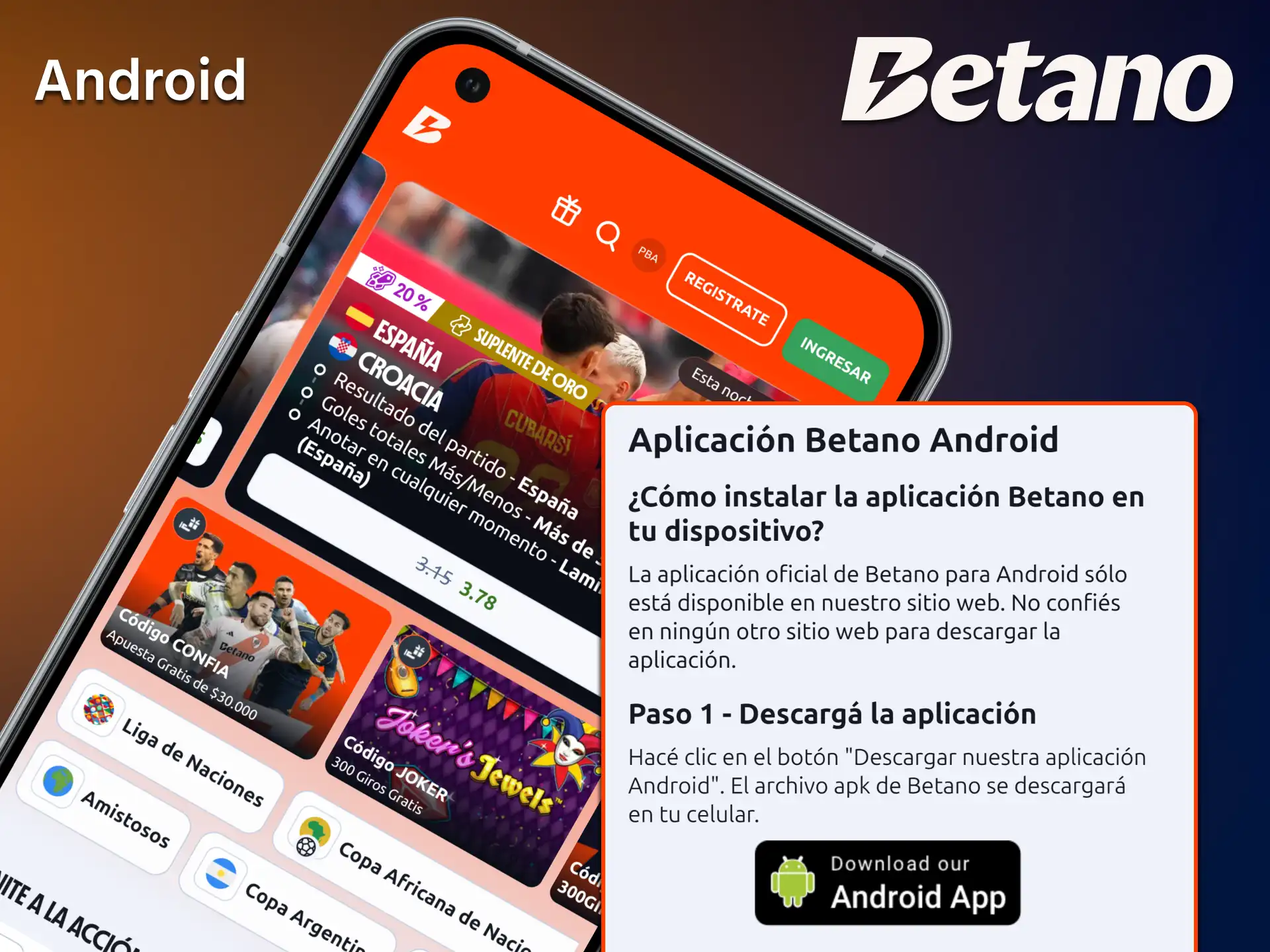 Instala el archivo APK oficial en tu dispositivo siguiendo los pasos indicados para la aplicación de Betano para Android.