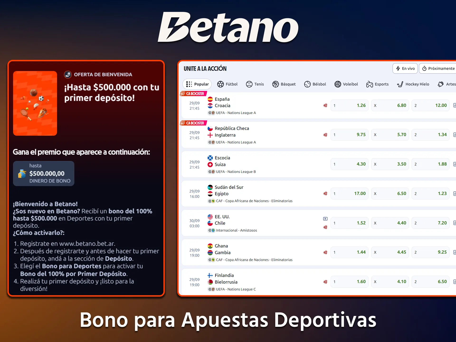 Duplica tu primer depósito para tus apuestas deportivas con el bono de bienvenida para apuestas deportivas de Betano.