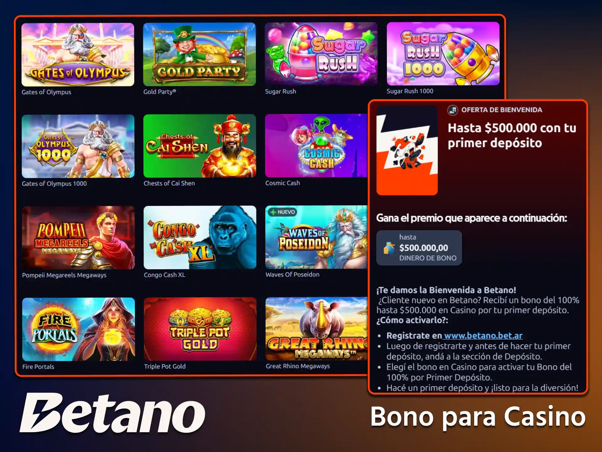 Disfruta de crédito extra y tiradas gratis en las máquinas tragaperras activando el bono de bienvenida del casino en Betano.