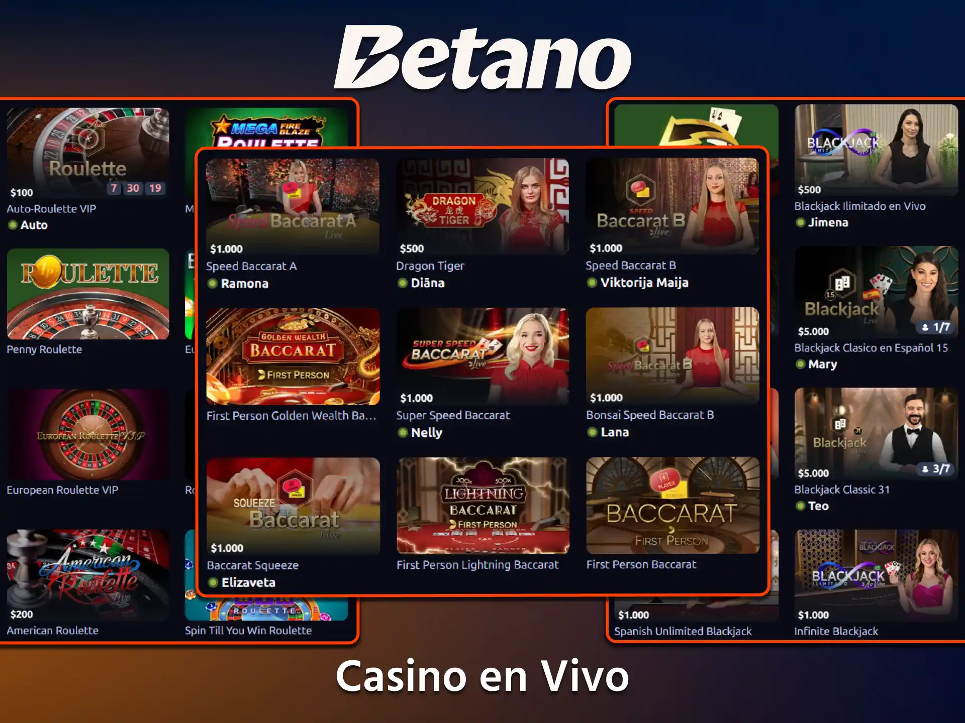 Interactúa con crupieres reales a través de retransmisiones en alta definición en el Casino en Vivo de Betano.