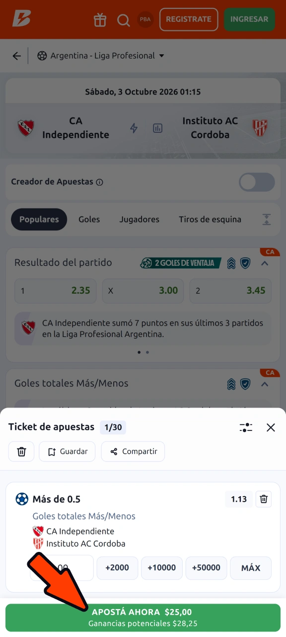 Haz clic en el botón Realizar apuesta y confirma tu apuesta en Betano.