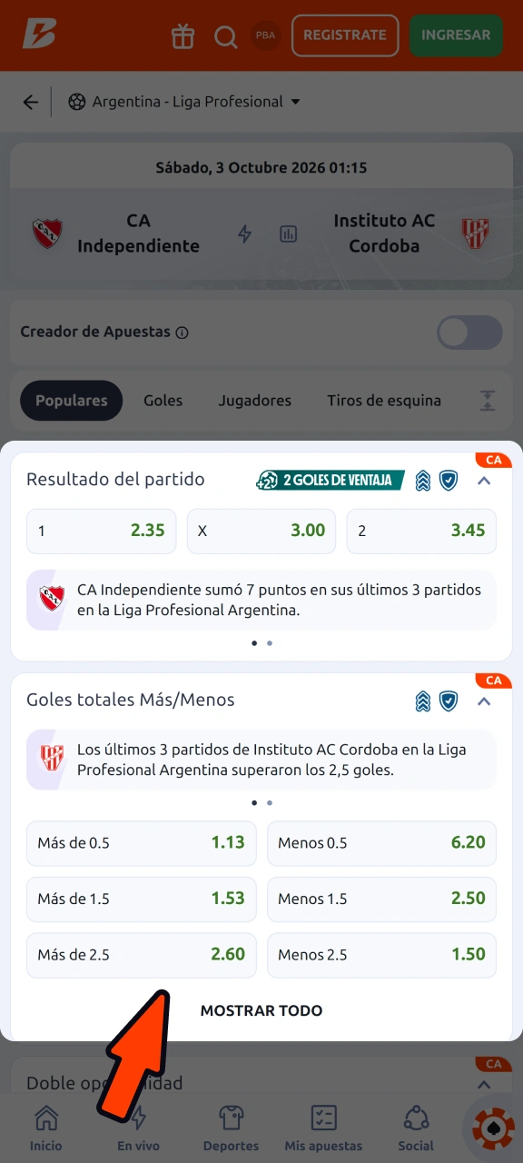 Compara los posibles resultados y elige el mercado en Betano.