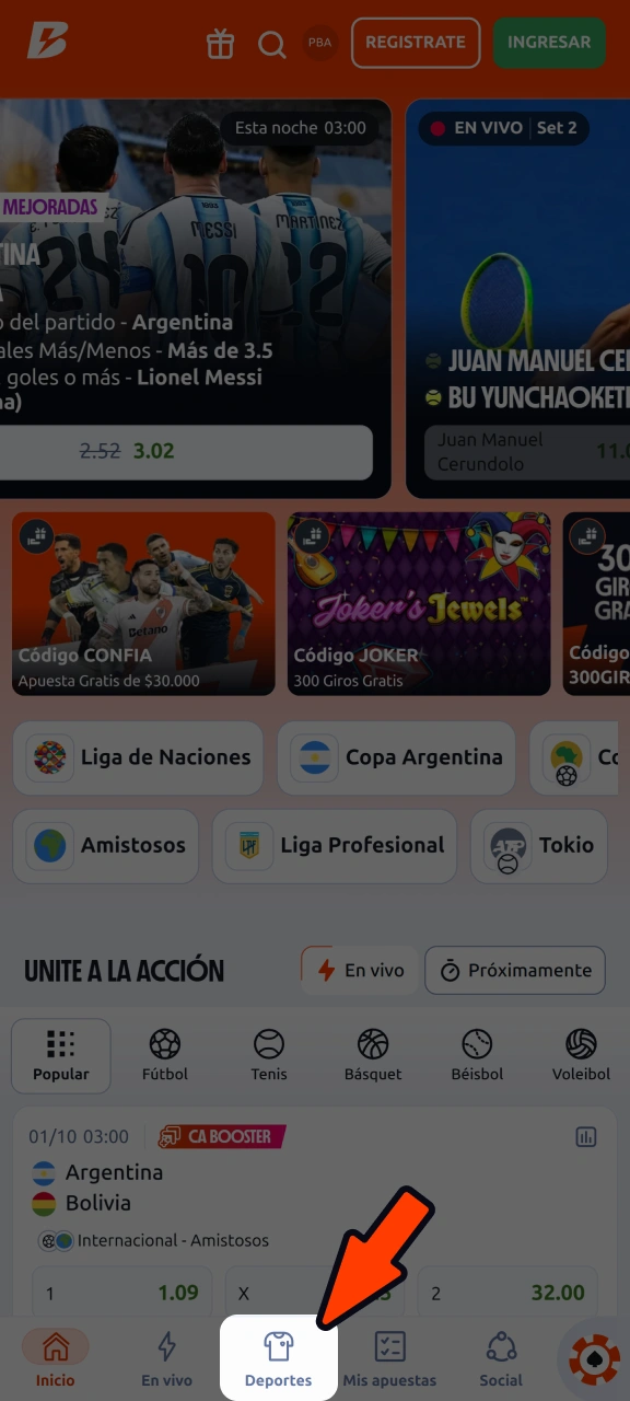 Abre la sección y echa un vistazo a los deportes disponibles en Betano.