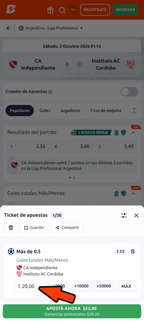 Establece tu presupuesto para apostar e introduce la cantidad que quieras apostar en Betano.