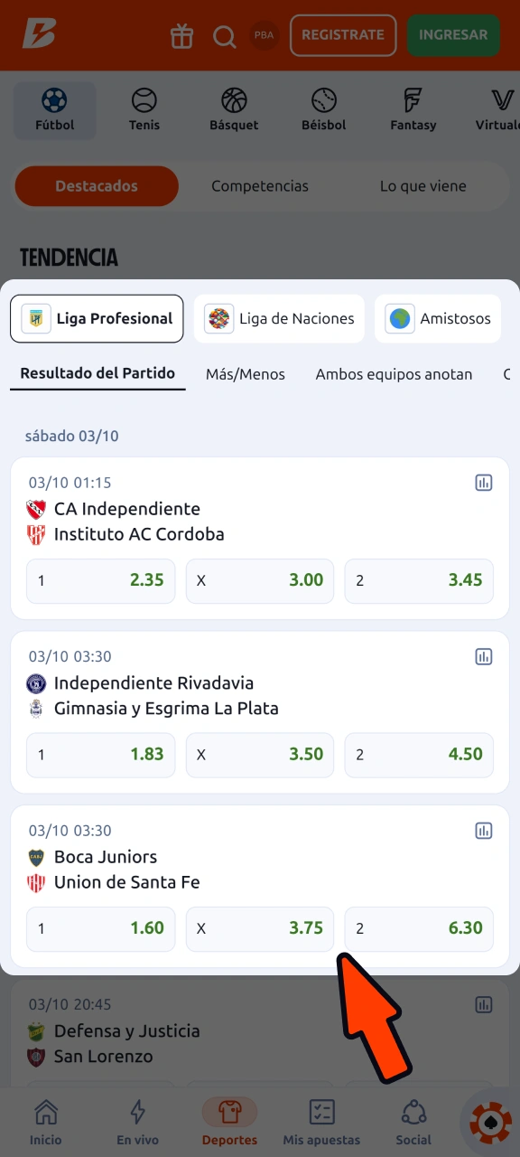 Filtra los partidos que te interesen y selecciona el evento en Betano.