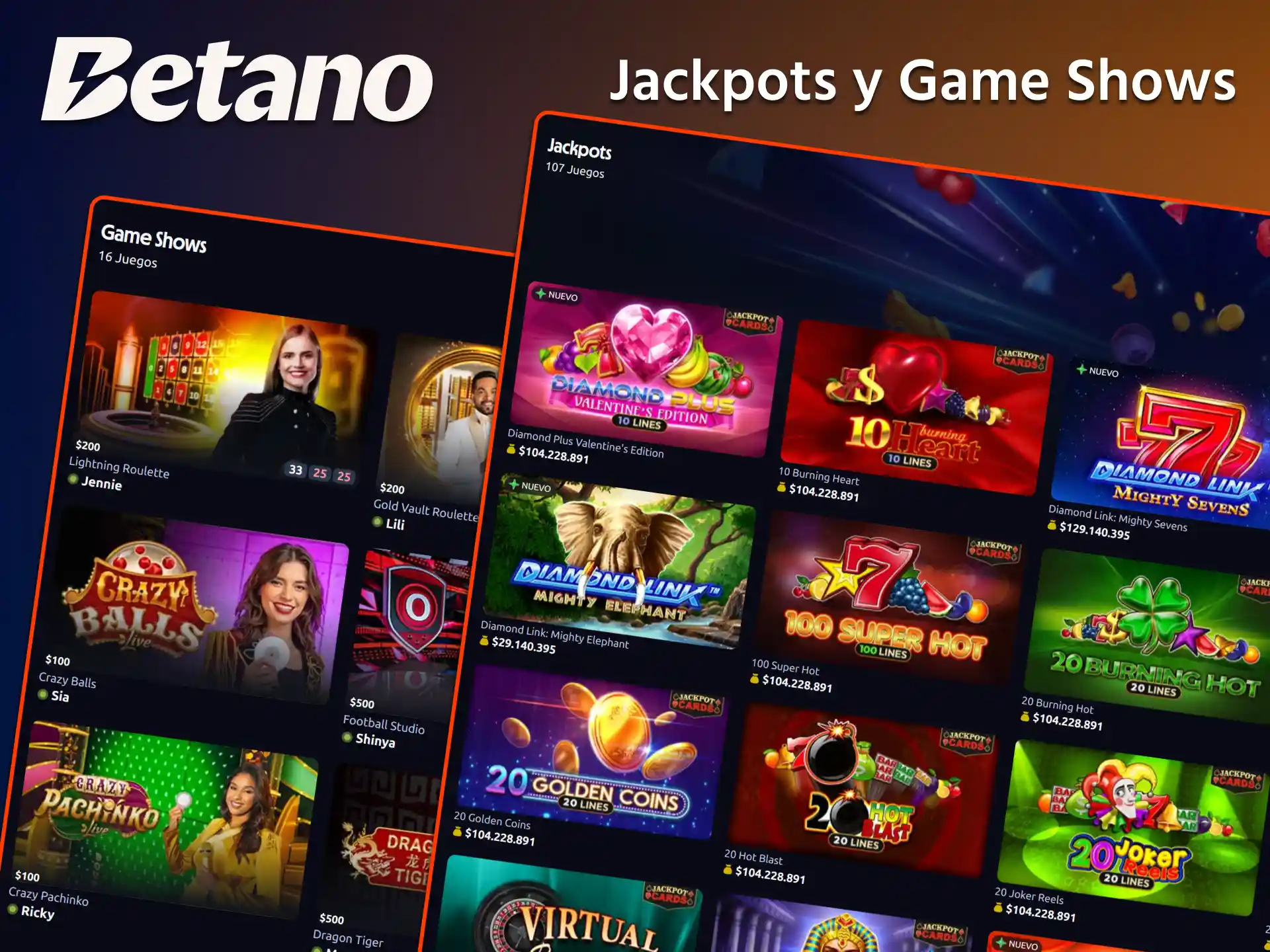 Participá por pozos acumulados masivos y ruedas de la fortuna en Jackpots y Game Shows en Betano.