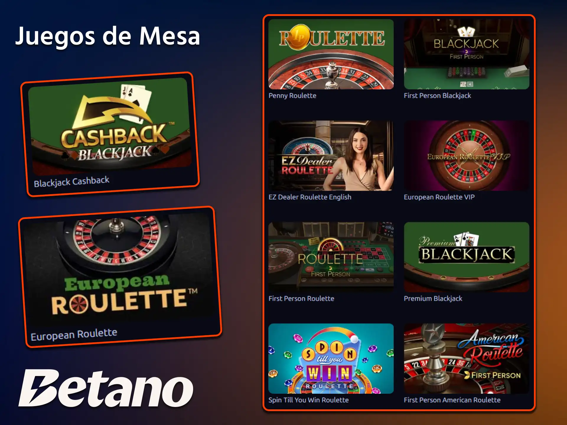 Desafiá a la casa en ruleta, blackjack y baccarat en la sección Juegos de Mesa en Betano.